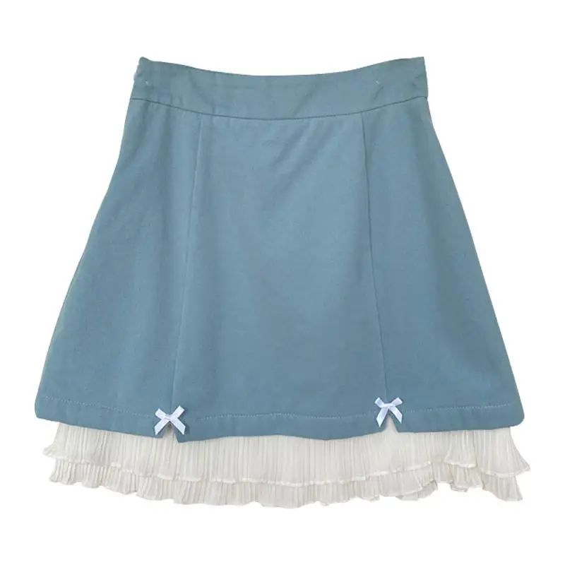 

2023 Kawaii Lolita Blue Mini Skirt Women Japanese Sweet Cute Ruffle Bow Patchwork Fairycore High Waist Short Skirt Soft Girl