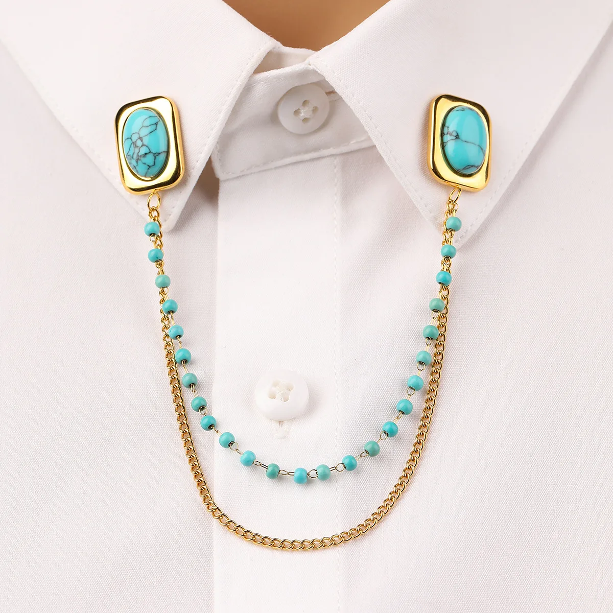 

Fashionable Turquoise Stainless Steel Brooch Women's Shirt Tassel Collar Pin Friend Gift Men's Business Suit Jewelry Accessories