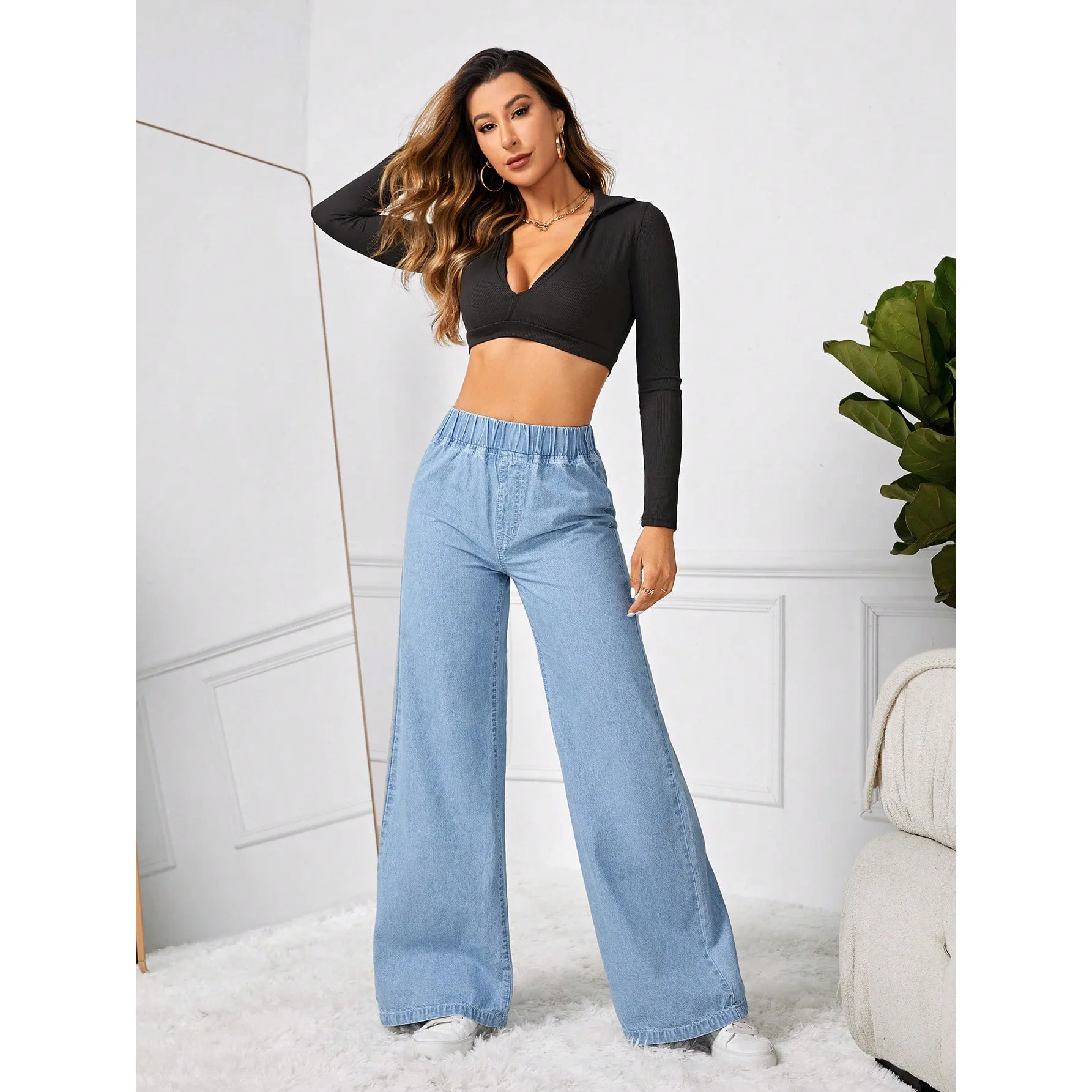 Women’s vintage wide leg distressed elastic waist floor-length denim jeans 987