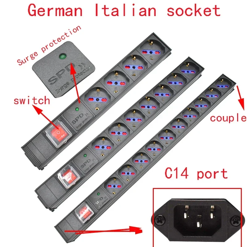 

PDU Power Strip Distribution Unit Cabinet C14 port EXTENDER 1-10 Way German Italy Socket 16A 3500W Surge protection
