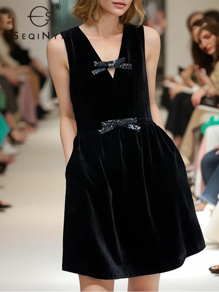 

SEQINYY Black Velvet Dress Spring Autumn New Fashion Design Women Runway Sequined Bow Hollow Out Party High Street