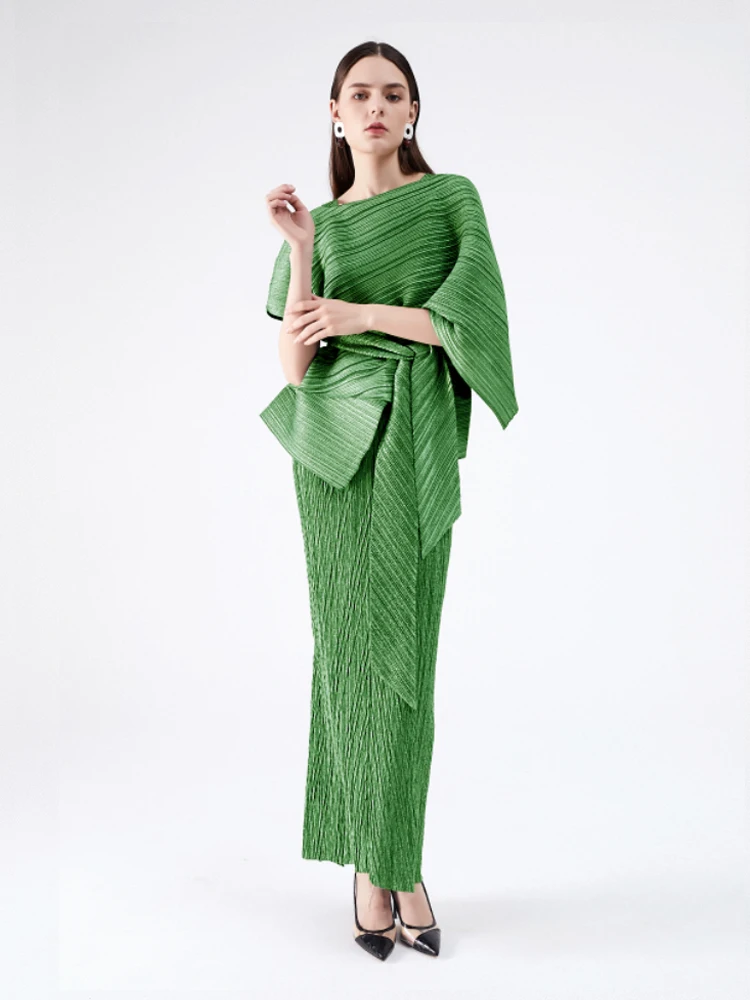 Miyake Pleated 2023 Summer Original Designer Aesthetic Belt Loose Dress Three Piece Sets Abaya Elegant Muslim Clothes In Stock