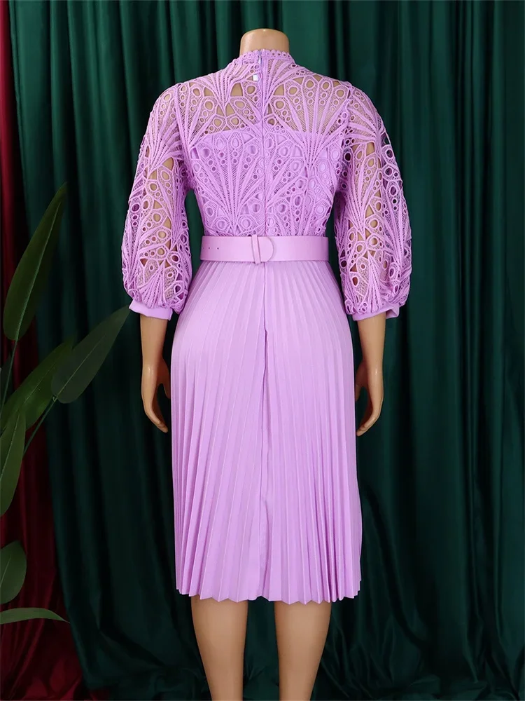 Wmstar Women Dress 2024 New Elegant Temperament Solid Color Lace Hook Flower Hollow Pleated Dresses Wholesale Dropshipping