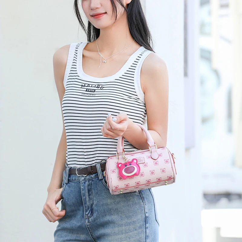 Disney Lotso Pink Boston Shoulder Bag Cartoon Strawberry Bear PU Leather Brand Bag Women Handbag Crossbody Bags With Pendant 5