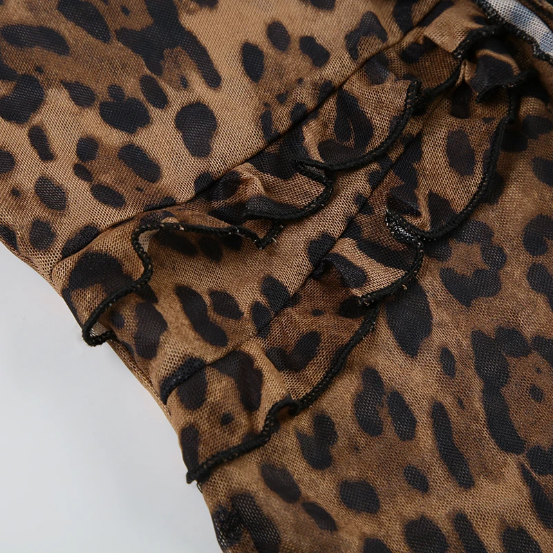 Leopard Print Vintage Brown Long Sleeve Crop Top Shirring Detail V-neck Lace-up T-shirt Party Women Outfits Autumn