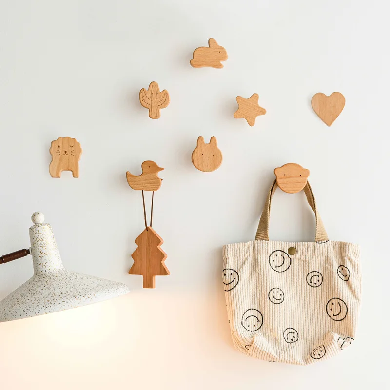 1PCS Solid Wood Hooks Cute Room Decor Animal Hook Wall Hanging Key Coat Hook Home Decoration Hanger Bathroom Kitchen Accessories 4