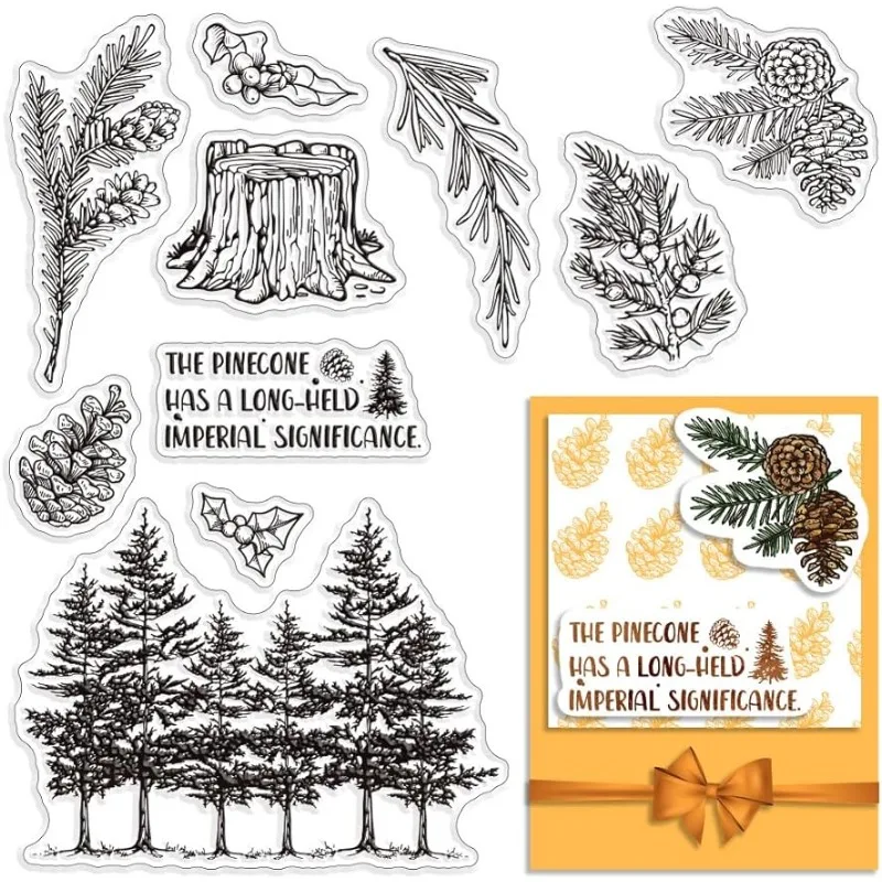 Pine Tree Clear Rubber Stamps Pine Cones Leaves Plant Word Tree Stump Transparent Vintage Postmark Silicone Seals Stamp 1pc, clear stamps,clear rubber stamps