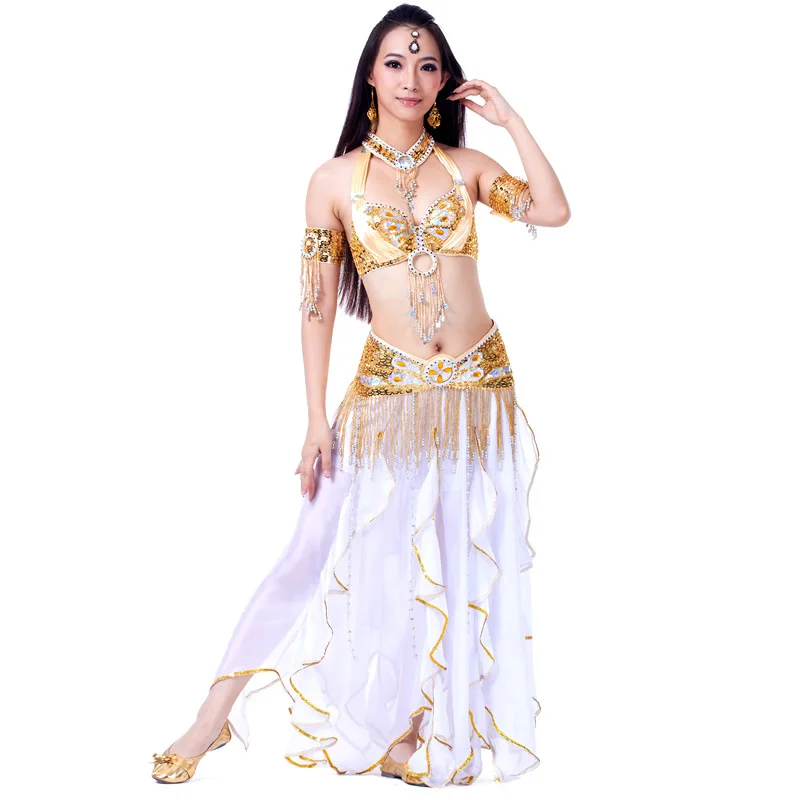 

Luxury Belly Dance Wear Indian Dancer Performance Costumes Female Adult Fantasy Bra Belt Long Skirt Gold Rave Stage Party Outfit