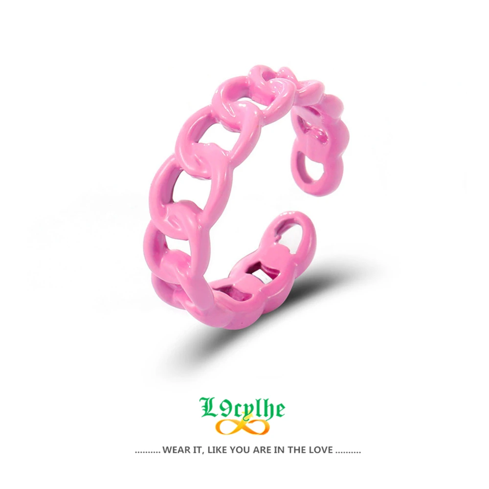 Anelli A Catena Cubana Vuoti Colorati Minimalisti Per Le Donne Neon Green Purple Yellow Metallic Spray Chunky Linked Ring Jewelry