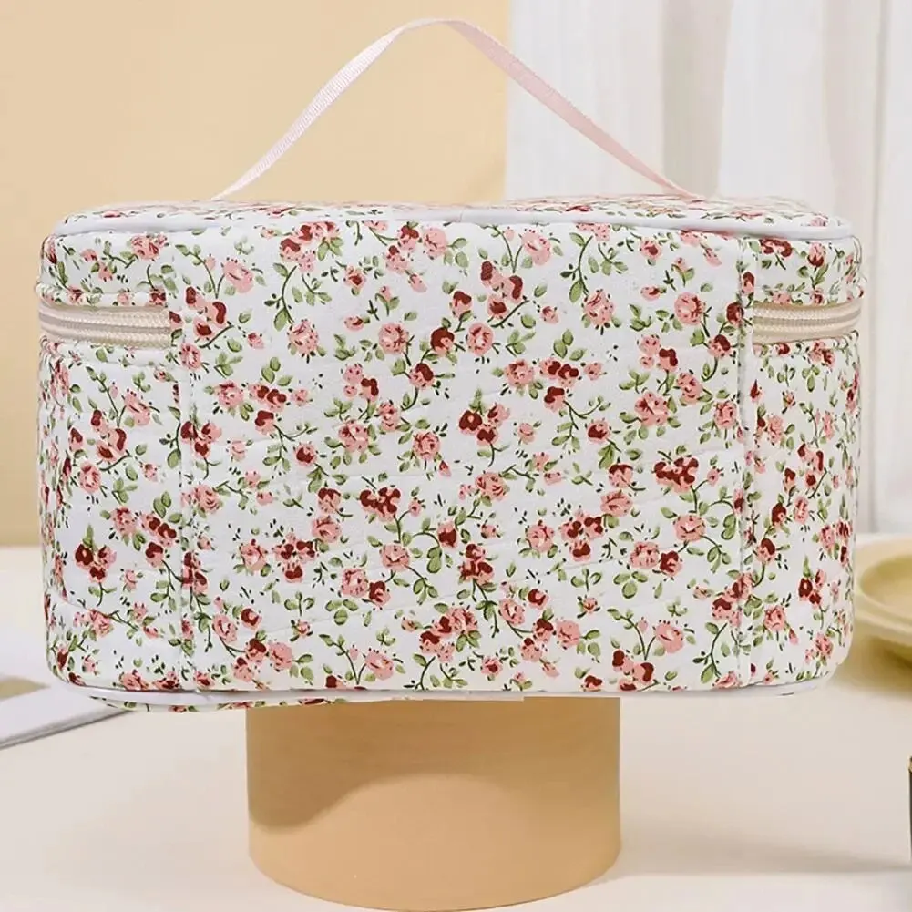 Floral Cotton Cosmetic Pouch - Dual Zipper Makeup Organizer & Portable Travel Wash Bag