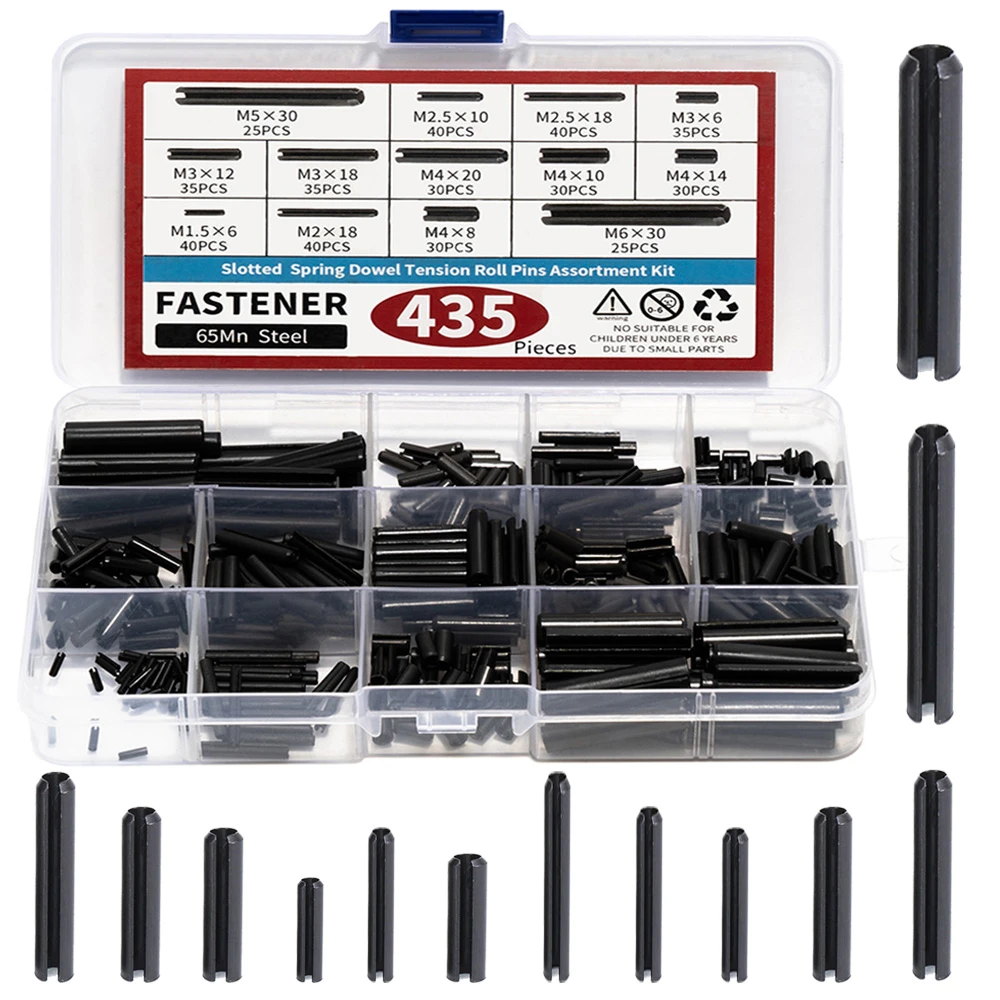 435Pcs Roll Pin Set Elastic Cylindrical Cotter Pins Carbon Steel Hollow Positioning Pin