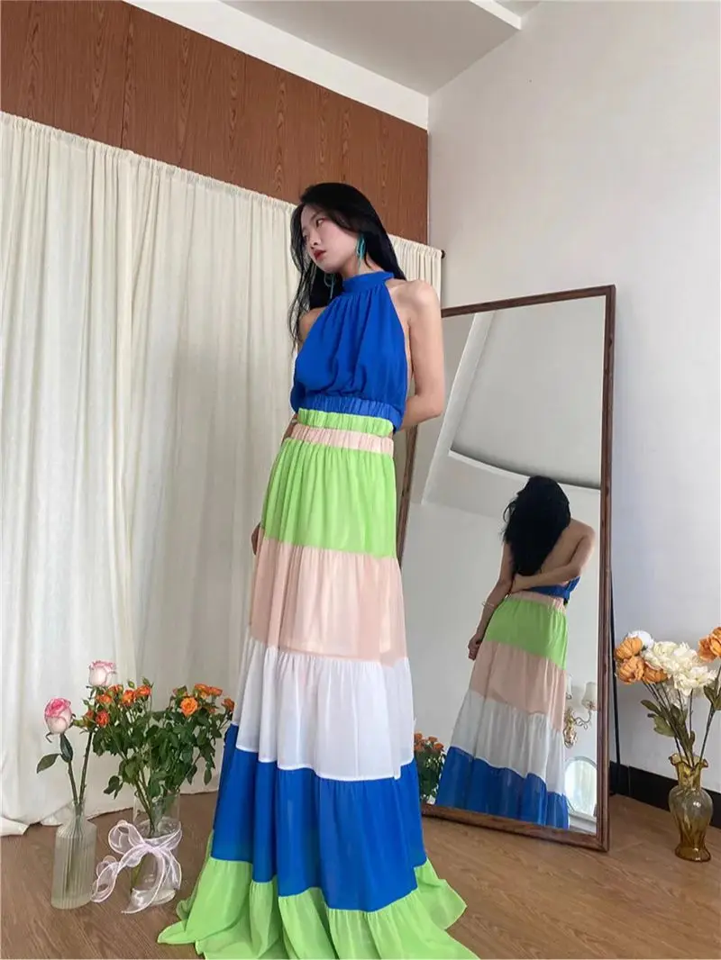 

Vintage contrast color halterneck Dresses for Women Bohemian beach style A-line Dress patchwork high waisted chiffon Dress Y4829