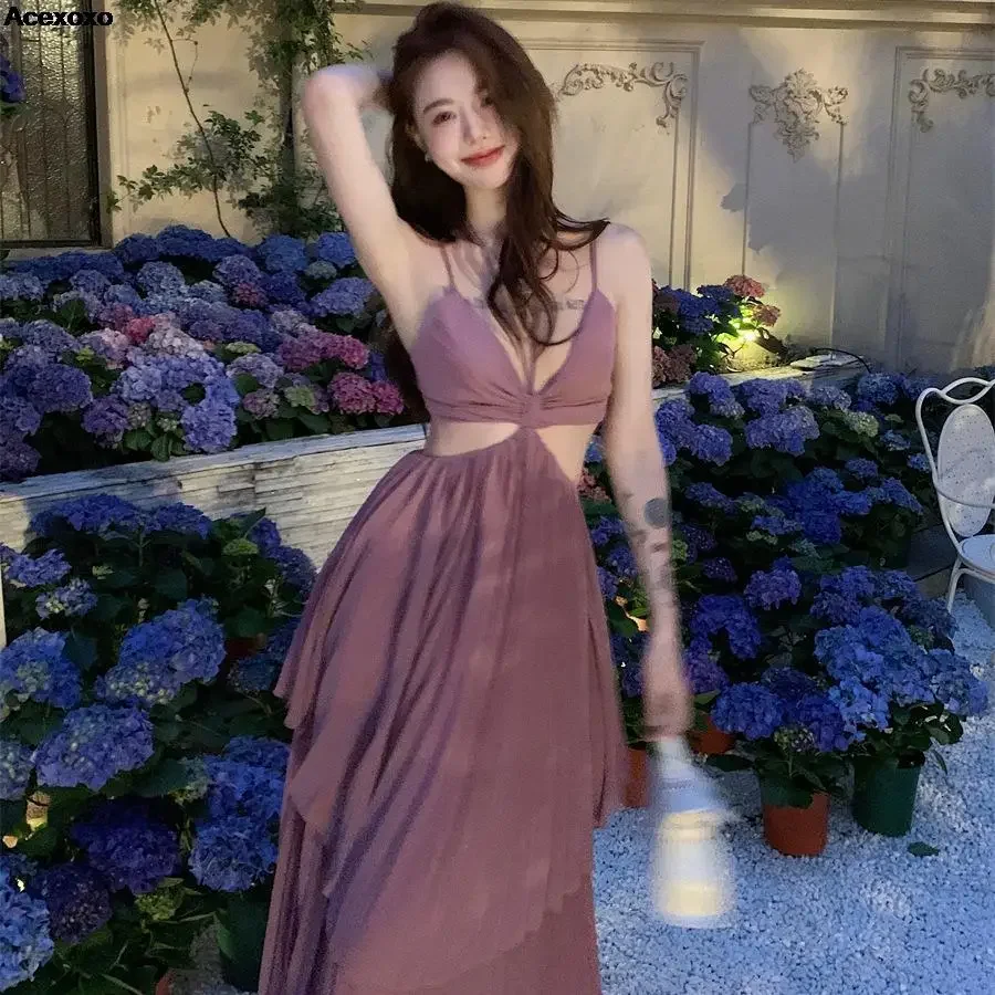 

Summer new women's fashion casual sexy backless pure French temperament seaside dress