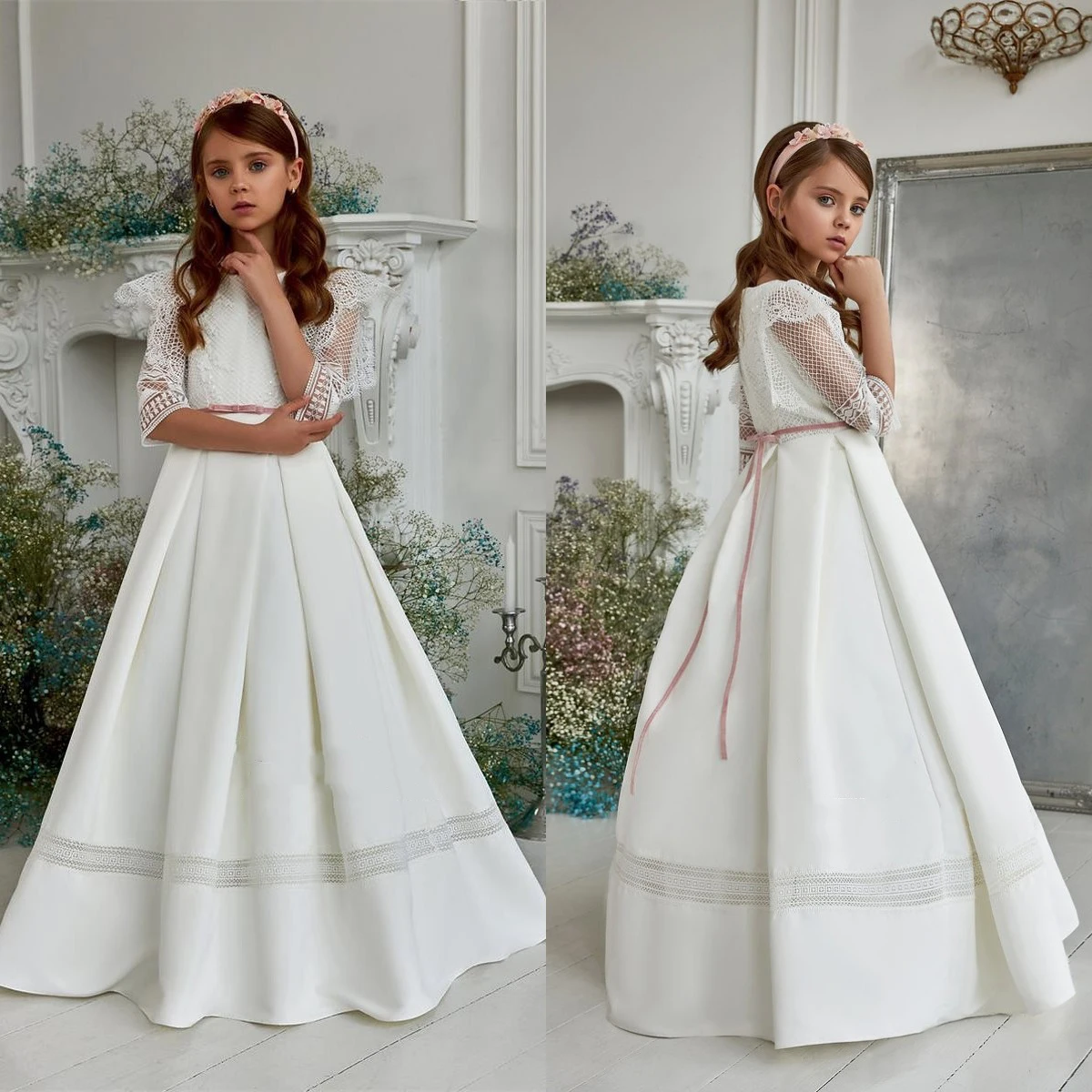 Boho White Flower Girl Dress For Wedding Elegant Satin Half Sleeve Lace Kids Birthday Party Ball Gown First Communion Dress 2