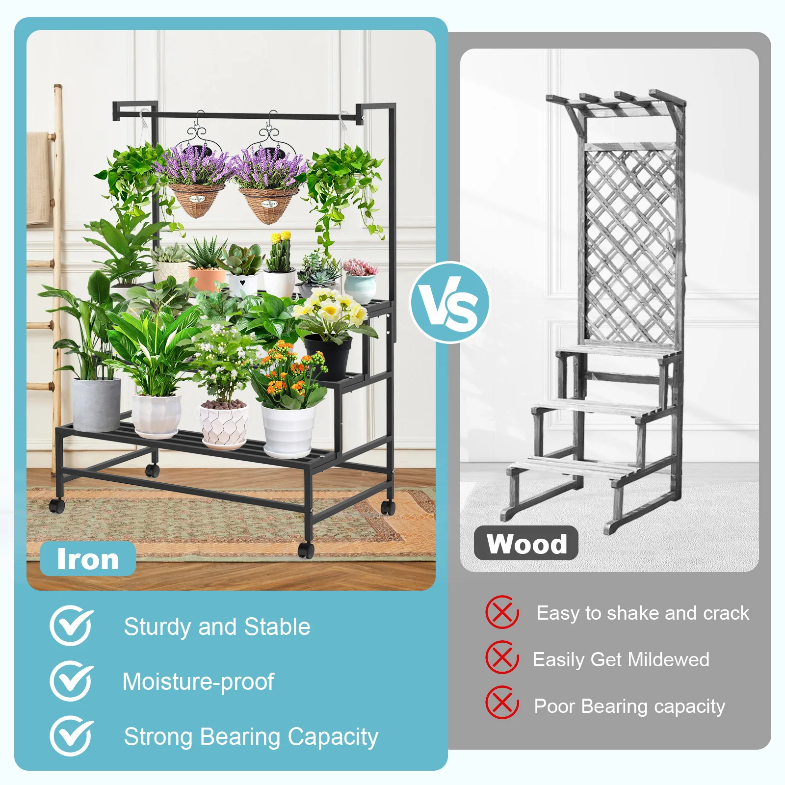 Plant Stand 3-tier Ladder Hanging Shelf Holder Storage Pot Rack With Wheels For Living Room Garden