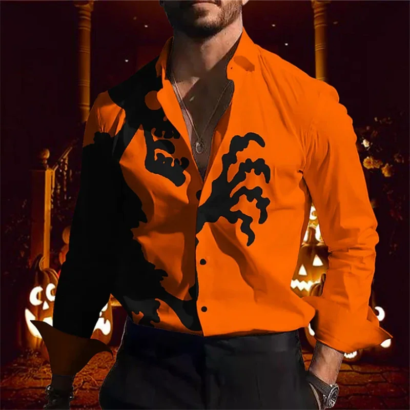 2023 New Halloween T-shirt Men's Fashion Suit Tie Skull Shirt Pumpkin Vintage Button Top Soft Comfortable Shirt Gift