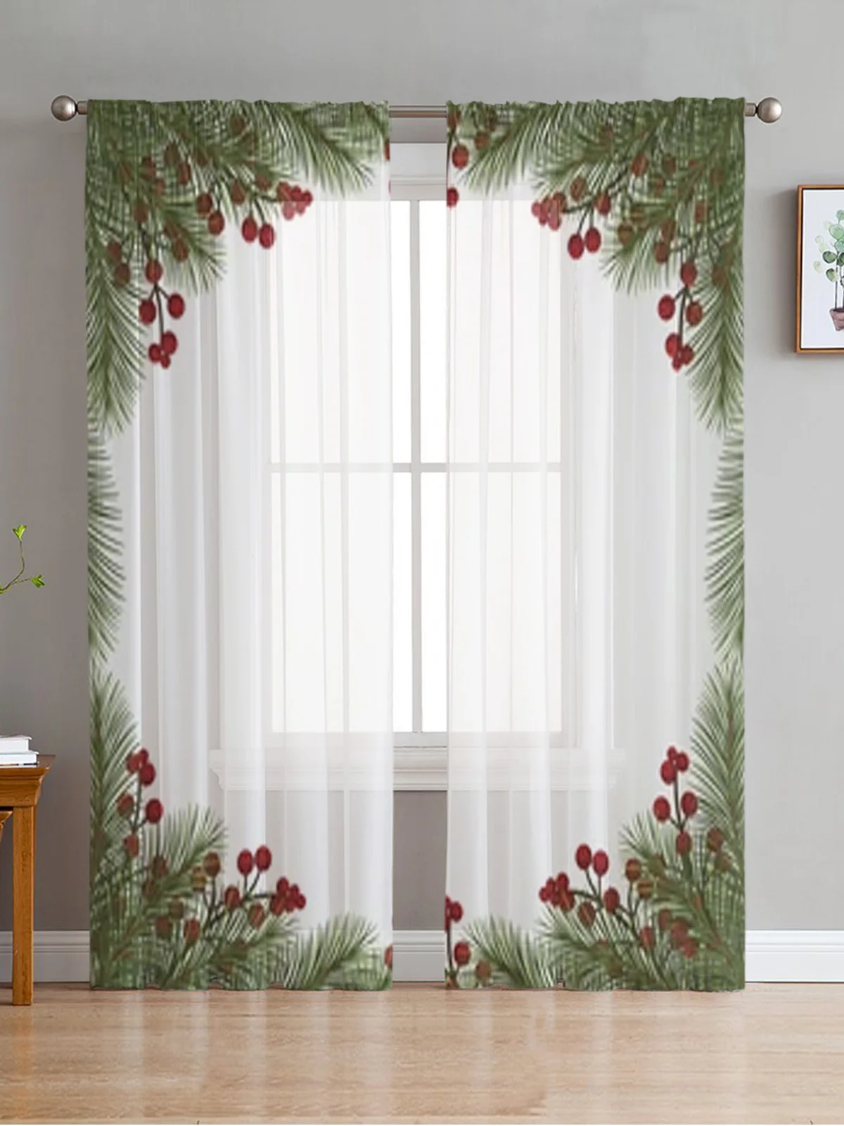 

Winter Fir Branches And Berries Tulle Curtain For Living Room Bedroom Kitchen Decoration Window Voiles Tulle Curtain