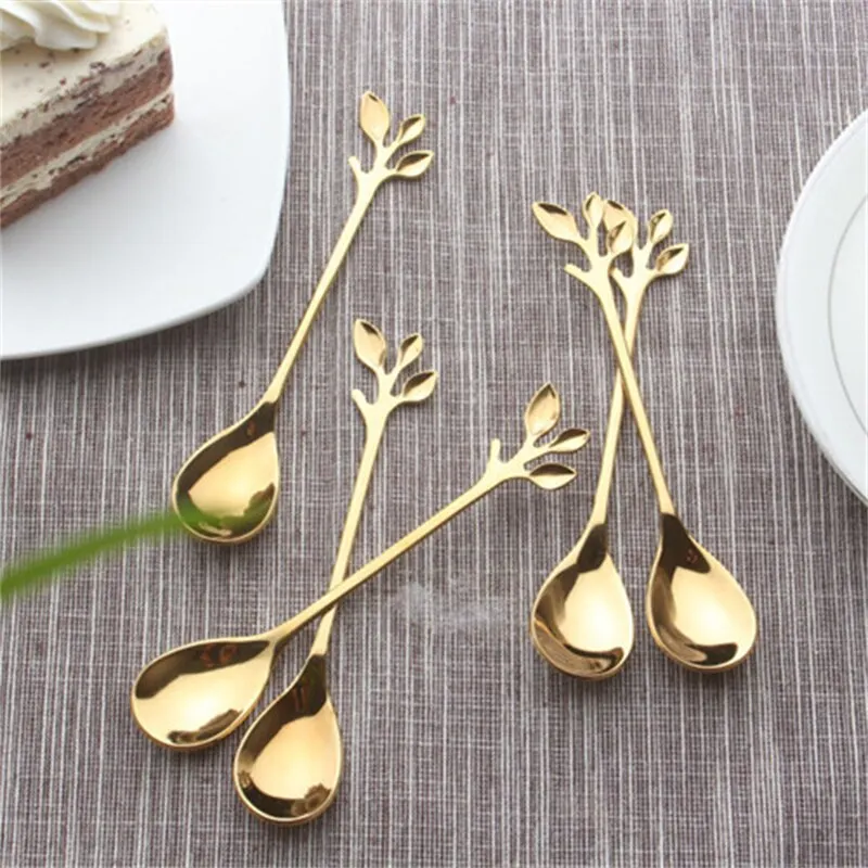 Stainless Steel Spoon 6PCS Creative Personality Stainless Steel Gold Spoons Tree Leaf Spoon Coffee Spoon Tea Home Restaurant Dessert Cutlery Set