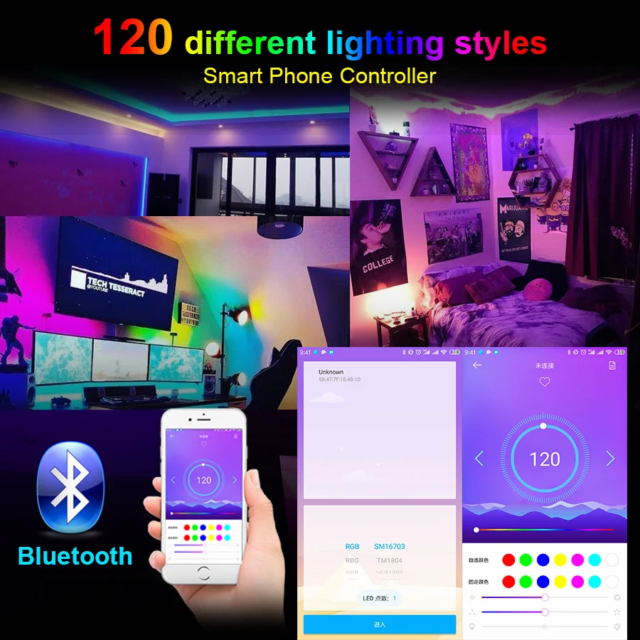 5V WS2812B Led Strip WS2812 30/60/144 Pixels/m RGB Individually Addressable LED Light With SP110E USB Bluetooth Controller Kit