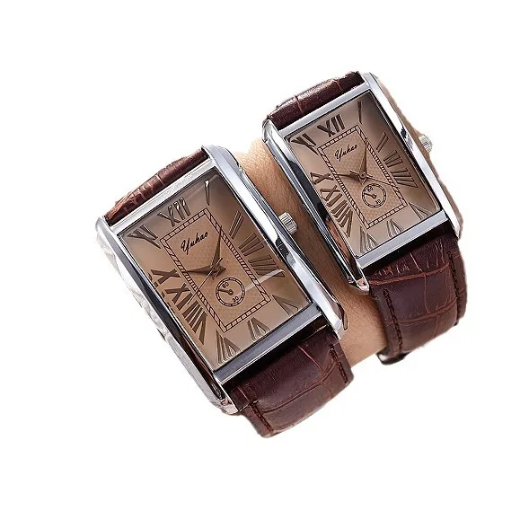 Luxury Rectangle Dial Quartz Watch with Leather Band