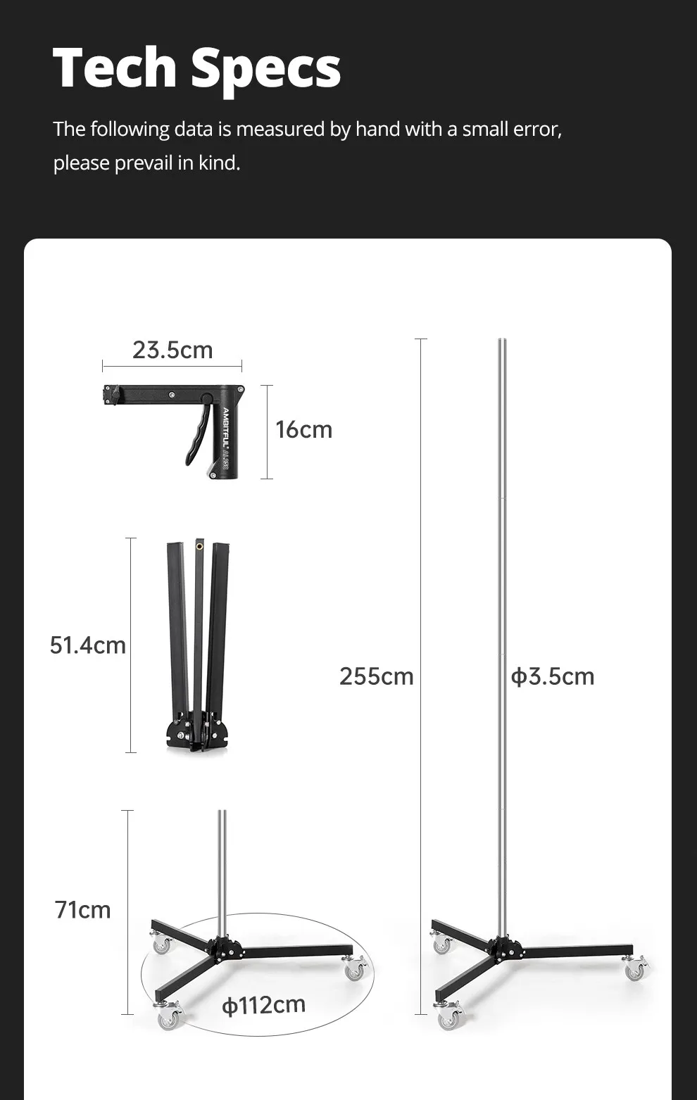 Description Picture 6 of itemAMBITFUL 71cm-255cm AL250 Gun Grip Light Stand 1/4 and 3/8 Screw with Wheels Folding Tripod for Studio Flash LED Light Softbox