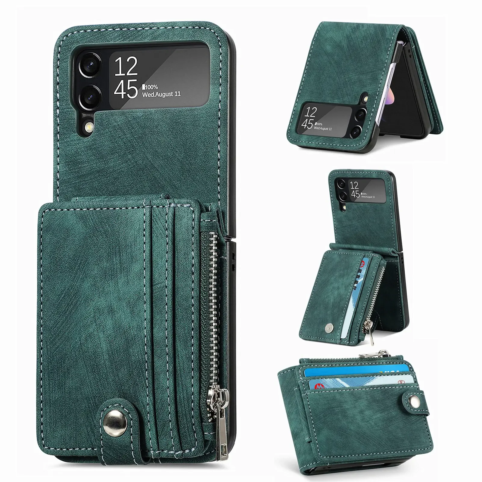 Versatile Retro Leather Zipper Wallet Folding Phone Case with Card Holder