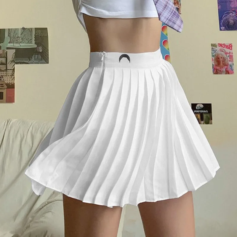 

High Waisted Pleated Patchwork Mini Skirt Moon Print Club Clothing Girls Black and White Skirt Autumn Harajuku Lolita Clothing