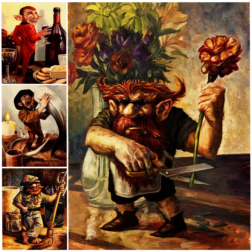 

Dwarf Elves Who Love Wine And Flowers Vintage Wall Art Canvas Painting The Elf Who Loves Life Abstract Art Poster Print Decor