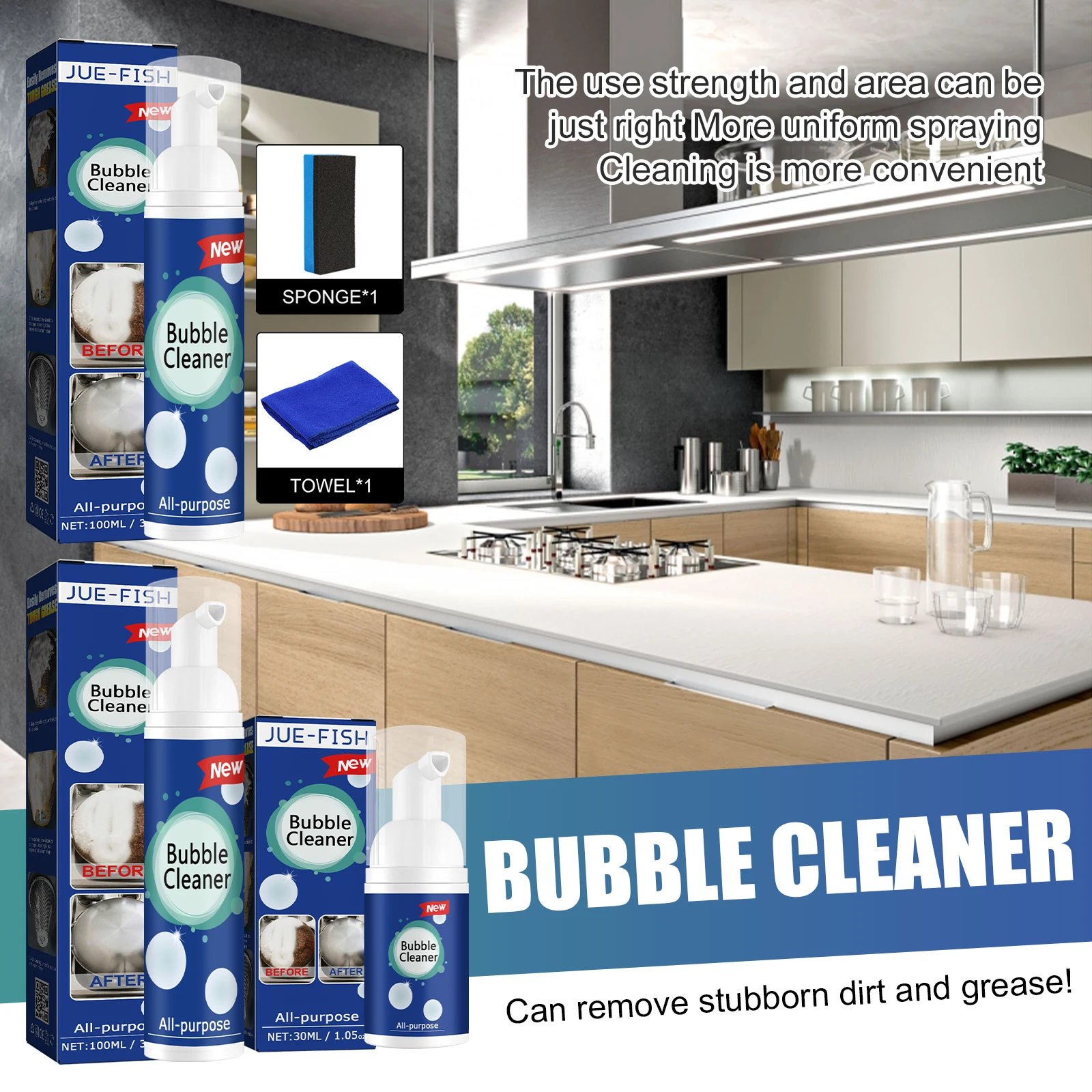 Jue-Fish Grease Foam Cleaner Stove Cleaning Kitchen Cooktop Hood Multi-Purpose 100ml Bottle Heavy Duty Grease Foam Cleaner