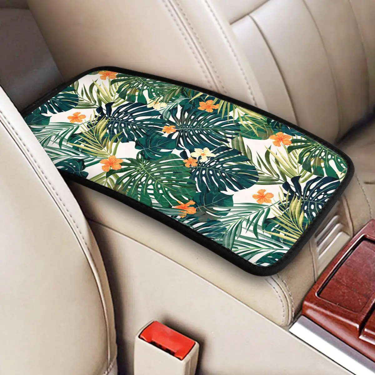 Monstera Deliciosa Tropical Plant Car Armrest Cover Mat Universal Leather Center Console Cover Pad Storage Box Cover Auto