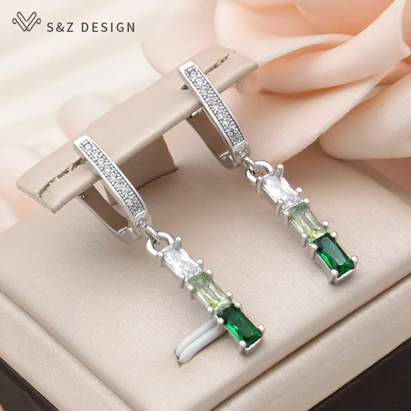 S&Z DESIGN New Fashion 585 Rose Gold Color Gradation Rectangle Cubic Zirconia Dangle Earrings For Women Simple Jewelry Gift