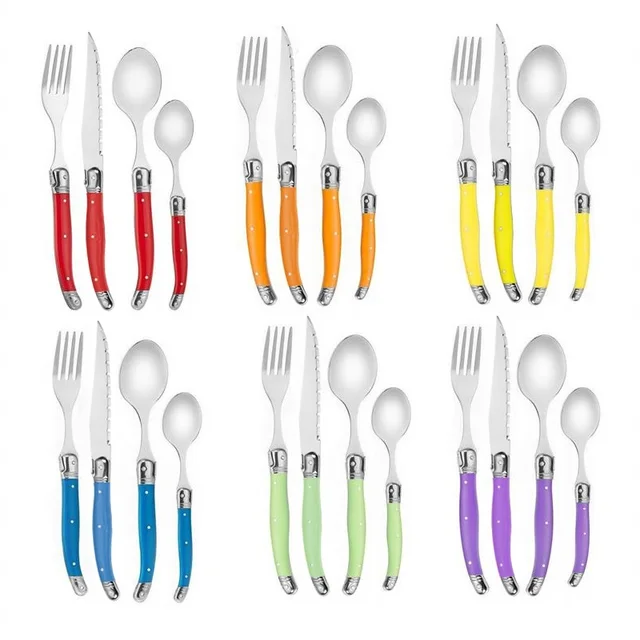 4-24 pz arcobaleno Laguiole posate manico in plastica colorata stoviglie coltello da bistecca nero forchetta cucchiaio cucchiaino rosso verde cena set 1