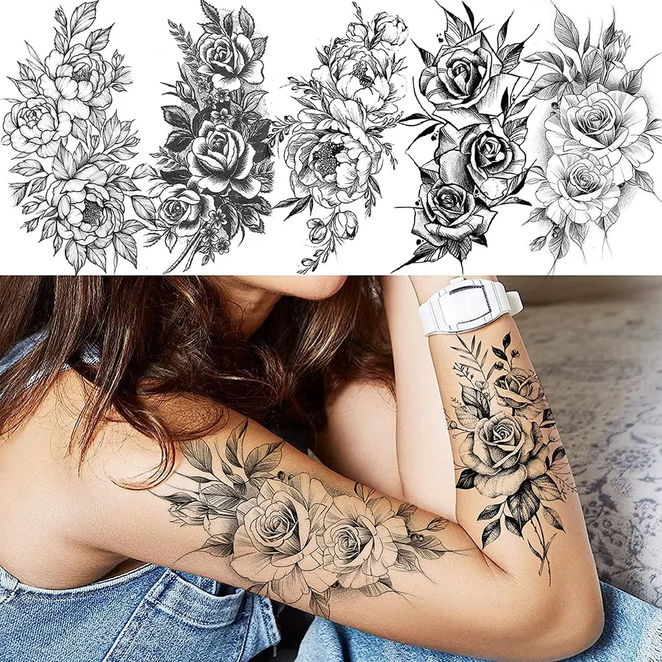 Arm Tattoos Herren Temporäre Tattoos Rosen-Design - 10 Blätter Schwarze  Ärmel-Tattoos Für Damen Körperkunst Temporär, image size:960x960
