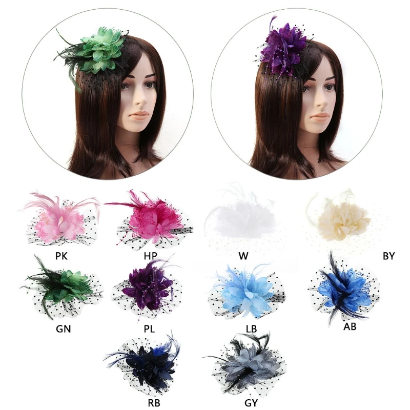 4XBF Fascinators Hats Solid Color Flower Mesh Hat Cocktail Tea Party Headwear with Feather Faux Pearl for Girls and Women
