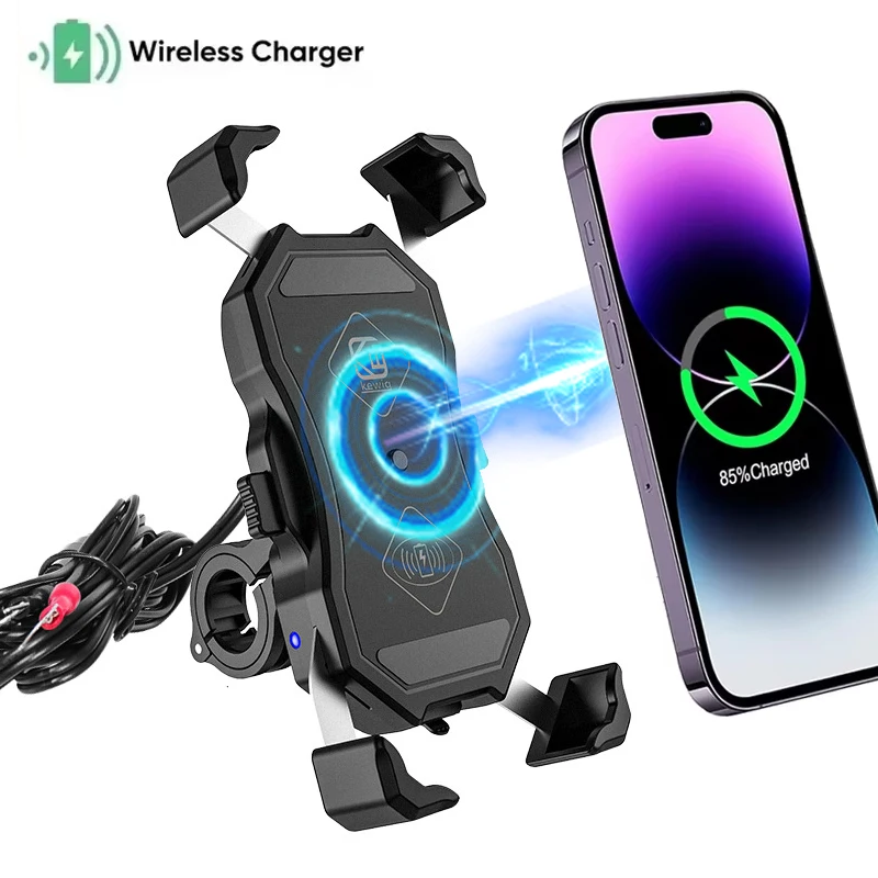 Wireless Motorcycle Phone Holder with Fast Charging 15W Qi/USB