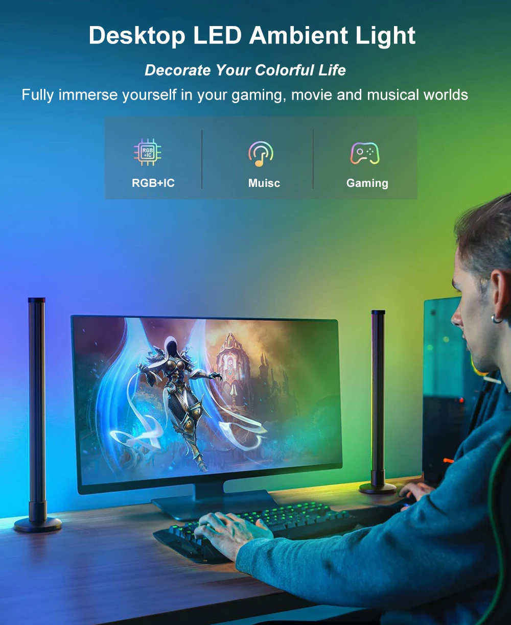 320deg LED Bar Light 10W 2 Packs RGBIC USB 5V LED Computer Bar Lamp Bluetooth Wifi Smart Control Ambient Lighting for Game Room