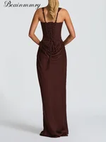 Elegant Solid Corset Sling Pleated Dress Women Brown Sexy Sleeveless Off Shoulder High Waist Maxi Dresses 2025 Lady Party Gown