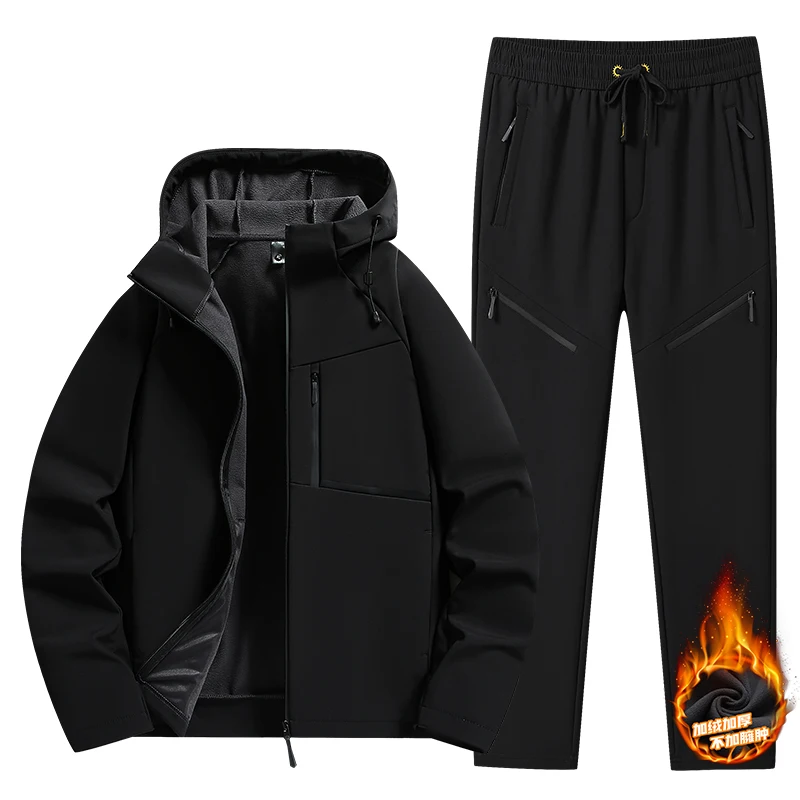 Plus Size 6xl 5xl Sportswear Men Softshell Thick Fleece Lined Hooded Hoodie Suit Menswear Jacket Pants 2 Pieces Set Tracksuits 4
