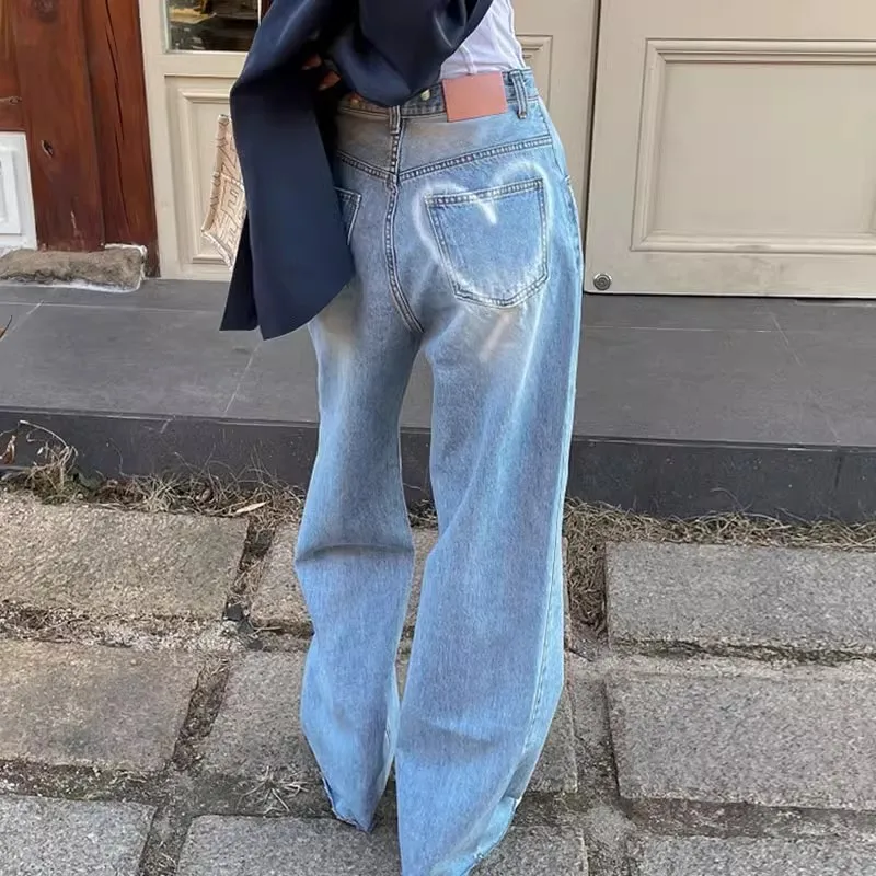 

Vintage Blue Wide Leg Jeans Women Streetwear 2023 High Waisted Loose Soft Denim Pants Female Korean Boyfriend Style Jeans Mom