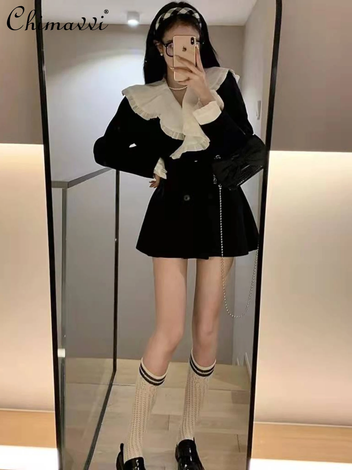

Ladies Fashion Elegant Stitching Ruffled Black Above Knee Dress Women 2022 Spring Fall Loose Solid V-neck Slim Waist Suit Dress