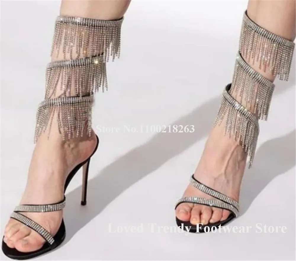 Bling Bling Rhinestones Tassels Snake Shaped Straps Thin Heel Gladiator Sandals Crystals Chains Stiletto Heel Sandals