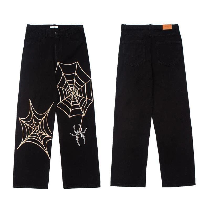 paige jeans Women's Jeans Hip hop Gothic Spider Web Printed Wide Leg Casual Straight Trousers Punk Street Pants Harajuku Jeans Y2K Clothes black mom jeans