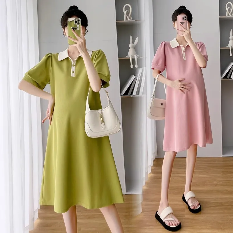 Maternity Summer New Color Collision Polp Collar Loose Thin Short-Sleeved Mid-Length Summer Dresses Maternity Summer Dresses 2 Maternity Summer New Color Collision Polp Collar Loose Thin Short-Sleeved Mid-Length Summer Dresses Maternity Summer Dresses - Image 2
