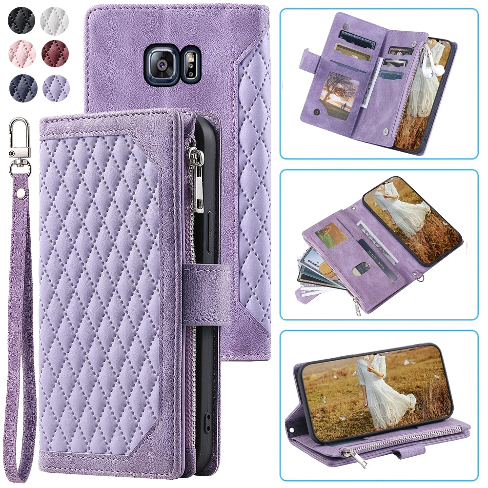 Fashion Zipper Wallet Case Samsung Galaxy S6 Edge Flip Cover Multi Card Slots Cover Phone Case Card Slot Folio With Wrist Strap