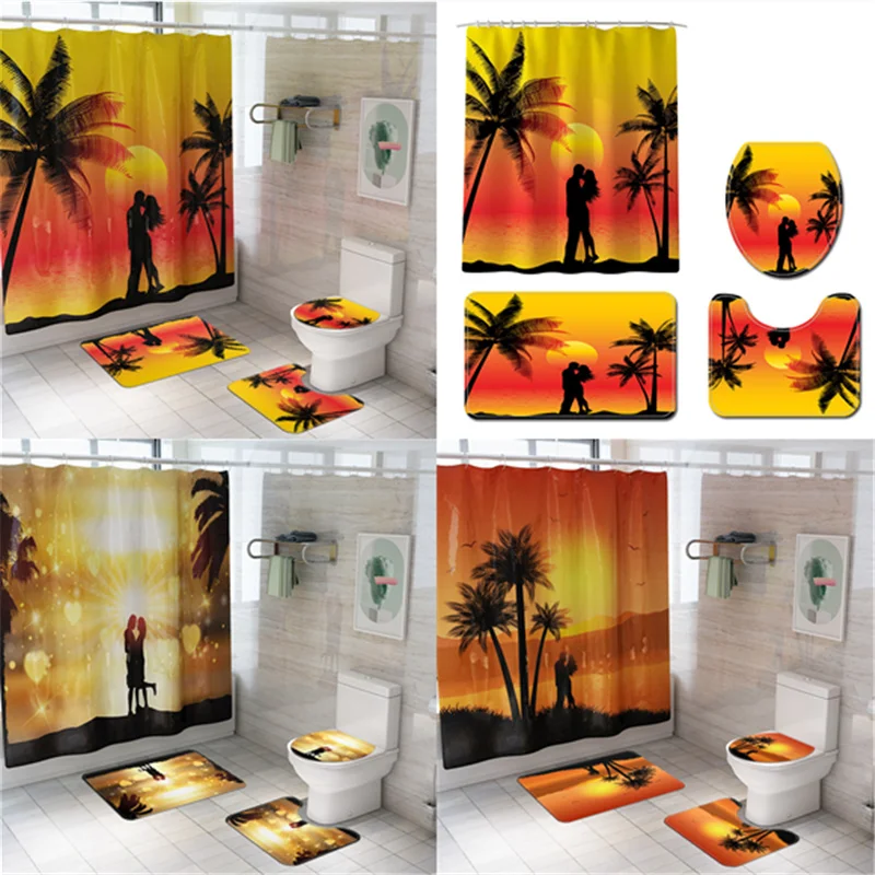 

Couple Silhouette Print Home Decor Bathroom Toilet Cover Sets Waterproof Shower Curtain Mats Carpet Rugs Suits