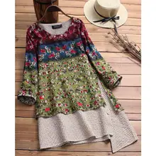 

Fashion Women Floral Print Patchwork Long Sleeve Tops Round Neck Ladies Pullover Irregular Linen