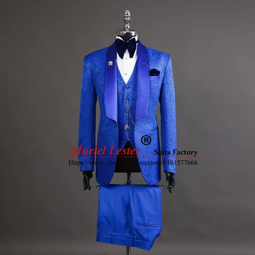 

Unique Suits Men Slim Fit Royal Blue Floral Jacquard Groomsman Wedding Tuxedos Tailored Made 3 Pieces Blazer Sets Business Dress