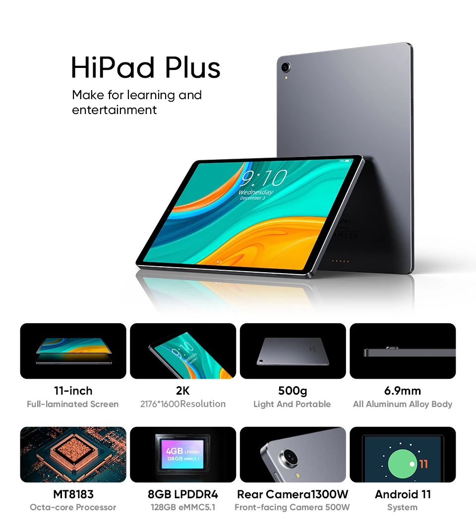 small android tablet CHUWI HiPad Plus 11inch 2K IPS screen Tablet MT8183V/A Octa Core 8GB RAM 128G ROM  Android 11.0 system 2.4G+5G Dual band wifi best buy tablets on sale