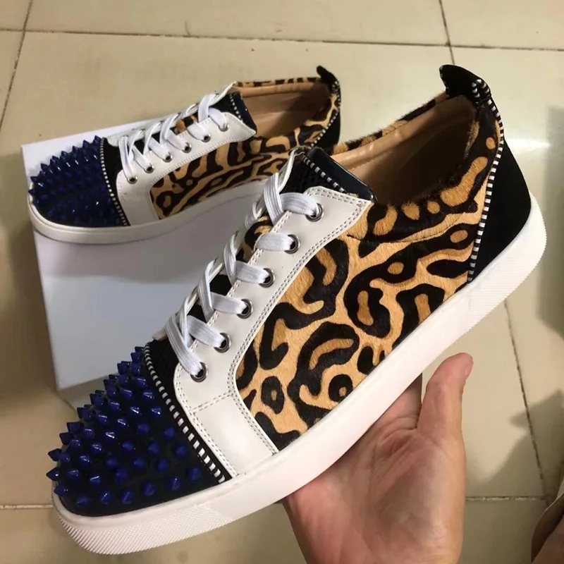 

Sexy Leopard Lace Up Men Casual Shoes Blue Spikes Rivets Round Toe Flat Outside Shoes Rubber Sole Low Top Flats Size 47