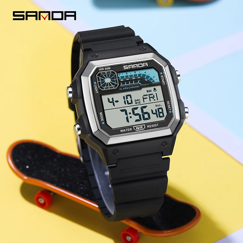 2024 SANDA 6196 Electronic Watch Multi functional Night Glow Waterproof Sports Men's Lightweight Square Classic Student Watch 2